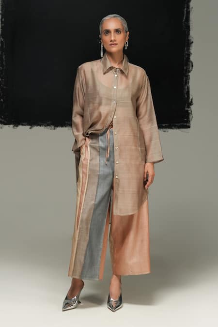 Urvashi Kaur Gray Chanderi Silk Collared Designer Handloom Shirt 