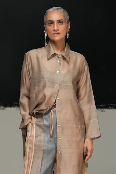 Buy Urvashi Kaur Gray Chanderi Silk Collared Designer Handloom Shirt Online at Aza Fashions Buy_Urvashi Kaur_Gray Chanderi Silk Collared Designer Handloom Shirt _Online_at_Aza_Fashions