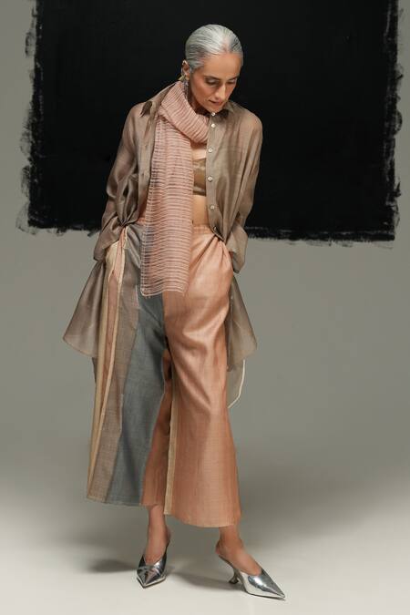 Shop Urvashi Kaur Gray Chanderi Silk Collared Designer Handloom Shirt Online at Aza Fashions Shop_Urvashi Kaur_Gray Chanderi Silk Collared Designer Handloom Shirt _Online_at_Aza_Fashions