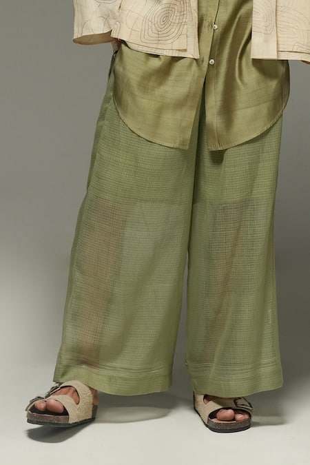 Urvashi Kaur_Green Cotton Kota Flint Pant _Online_at_Aza_Fashions