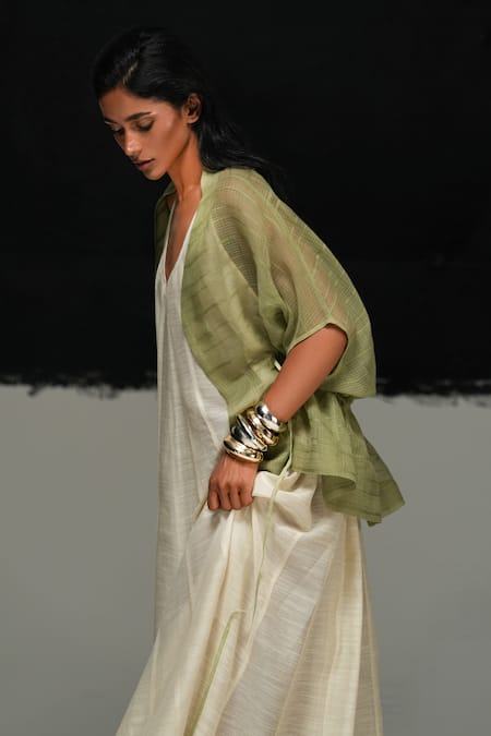 Urvashi Kaur_Green Cotton V-neck Kota Demi Jacket _Online_at_Aza_Fashions