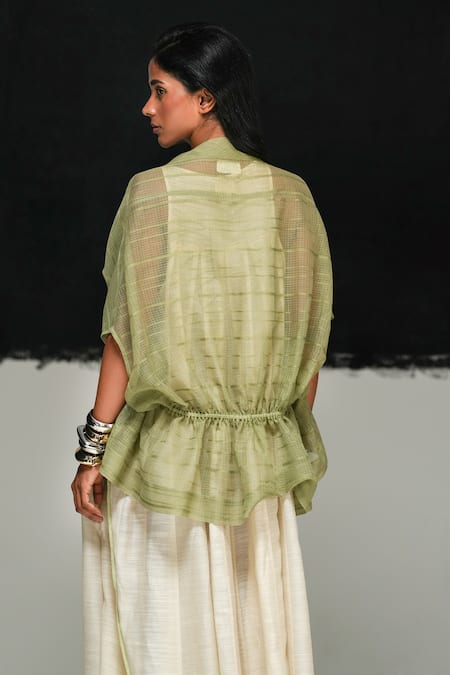 Shop_Urvashi Kaur_Green Cotton V-neck Kota Demi Jacket _at_Aza_Fashions