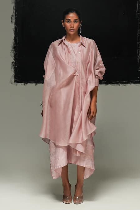 Urvashi Kaur Pink Chanderi Silk Collared Handloom Ava Shirt 