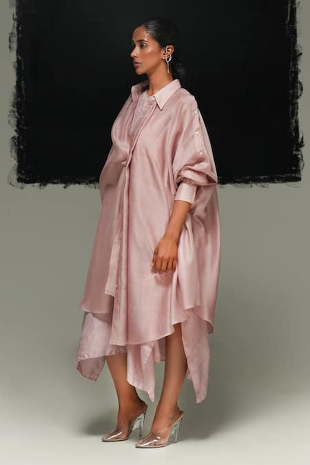 Urvashi Kaur Pink Chanderi Silk Collared Handloom Ava Shirt Online at Aza Fashions Urvashi Kaur_Pink Chanderi Silk Collared Handloom Ava Shirt _Online_at_Aza_Fashions