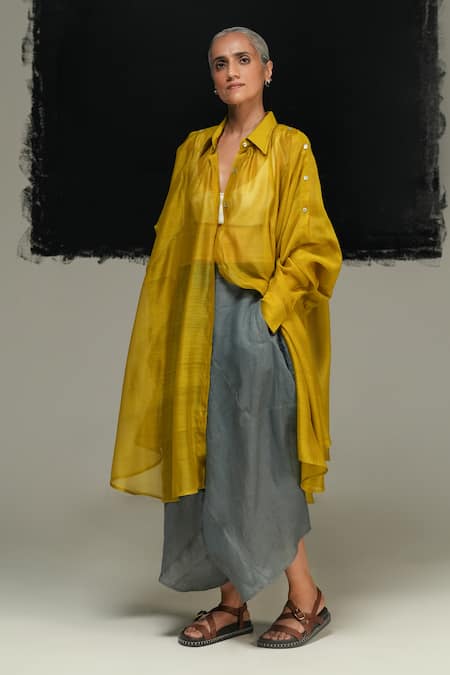 Urvashi Kaur Yellow Chanderi Silk Collared Green Handloom Shirt