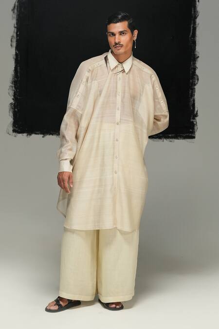 Urvashi Kaur_White Chanderi Silk Designer Handloom Kurta _Online_at_Aza_Fashions