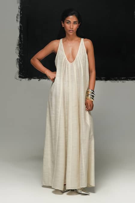 Urvashi Kaur White Cotton, Silk Plunge Neck Silica Dress 