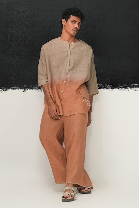 Shop Urvashi Kaur Orange Linen Ombre Stitchline Kurta Online at Aza Fashions Shop_Urvashi Kaur_Orange Linen Ombre Stitchline Kurta _Online_at_Aza_Fashions