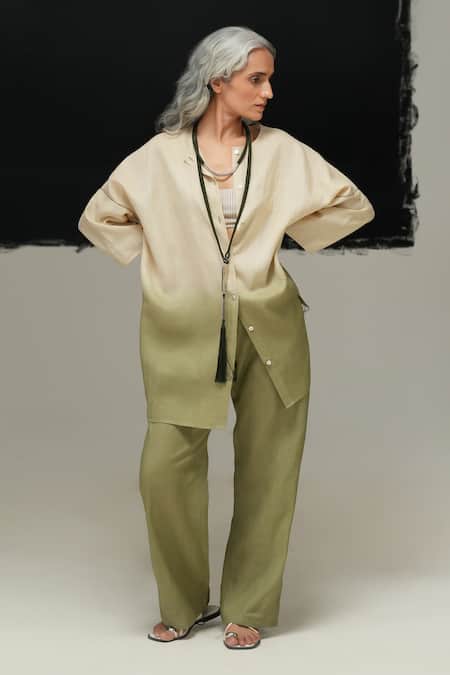 Urvashi Kaur_White Linen Collared Shin Pearl And Sage Green Tunic _Online_at_Aza_Fashions