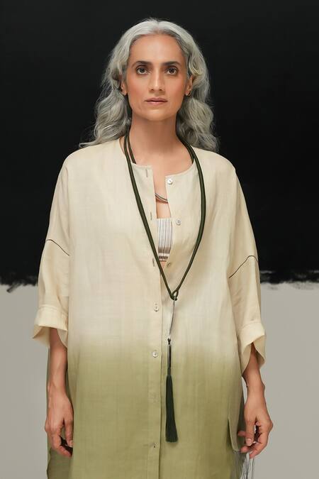 Buy_Urvashi Kaur_White Linen Collared Shin Pearl And Sage Green Tunic _Online_at_Aza_Fashions