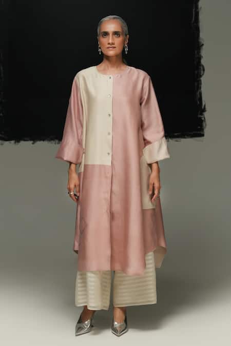 Urvashi Kaur_White Chanderi , Cotton, Embroidery Round Pearl And Dusty Pink Mei Dress _Online_at_Aza_Fashions