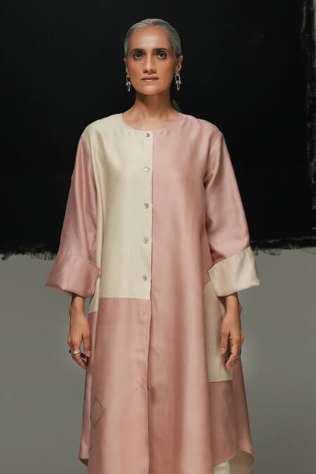 Buy_Urvashi Kaur_White Chanderi , Cotton, Embroidery Round Pearl And Dusty Pink Mei Dress _Online_at_Aza_Fashions