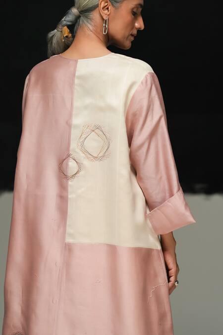 Shop_Urvashi Kaur_White Chanderi , Cotton, Embroidery Round Pearl And Dusty Pink Mei Dress _Online_at_Aza_Fashions