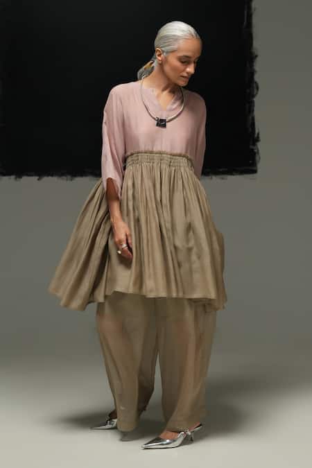 Urvashi Kaur Hibiki Mini Dress in Warm Grey & Pink 