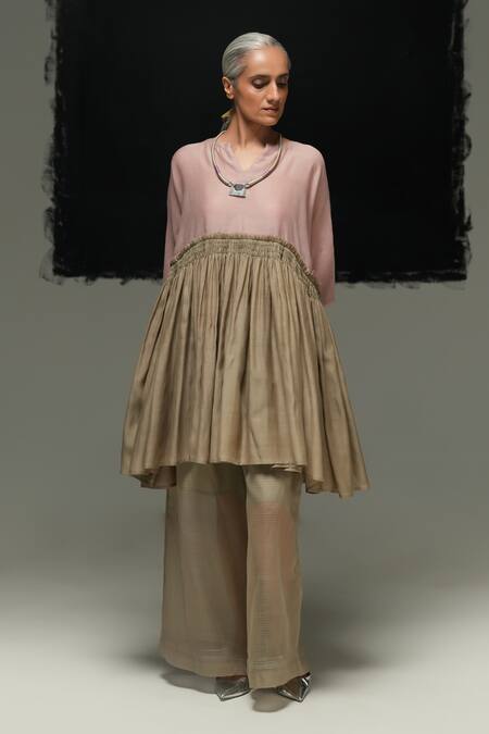 Urvashi Kaur_Pink Silk Round Neck Hibiki Mini Dress In Warm Grey And _Online_at_Aza_Fashions