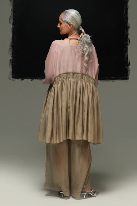 Buy_Urvashi Kaur_Pink Silk Round Neck Hibiki Mini Dress In Warm Grey And _Online_at_Aza_Fashions