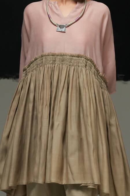 Shop_Urvashi Kaur_Pink Silk Round Neck Hibiki Mini Dress In Warm Grey And _Online_at_Aza_Fashions