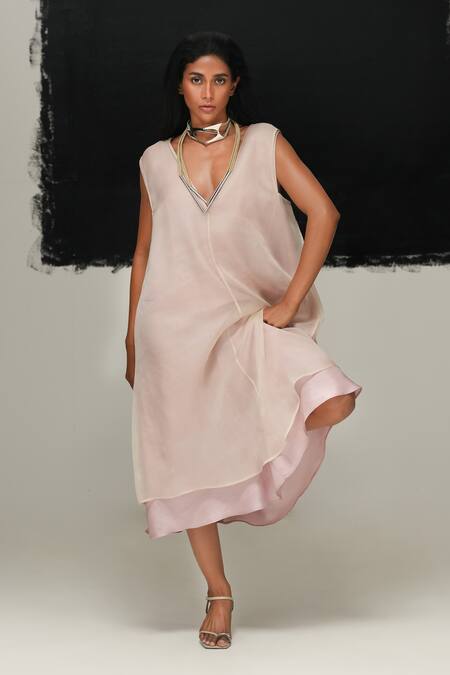 Shop Urvashi Kaur Pink Silk V-neck Hina Handwoven Mulberry Dress Online at Aza Fashions Shop_Urvashi Kaur_Pink Silk V-neck Hina Handwoven Mulberry Dress _Online_at_Aza_Fashions