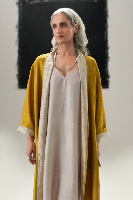 Shop_Urvashi Kaur_Green Silk Embroidery Open Neck Yoru Handwoven Jacket _Online_at_Aza_Fashions