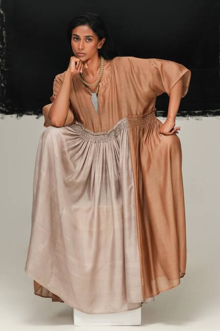 Shop_Urvashi Kaur_Silk Round Neck Hibiki Handwoven Mulberry Dress _Online_at_Aza_Fashions