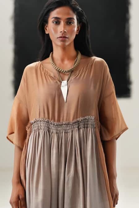 Urvashi Kaur_Silk Round Neck Hibiki Handwoven Mulberry Dress _at_Aza_Fashions