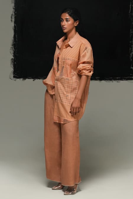 Urvashi Kaur_Orange Linen Rust Handwoven Aron Pant _Online_at_Aza_Fashions