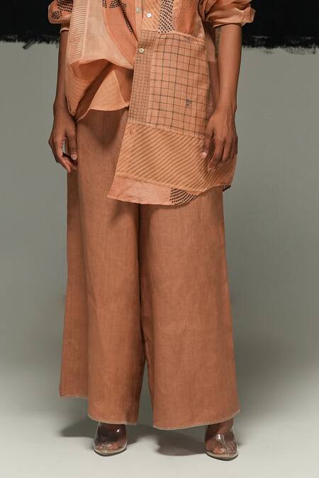 Buy_Urvashi Kaur_Orange Linen Rust Handwoven Aron Pant _Online_at_Aza_Fashions