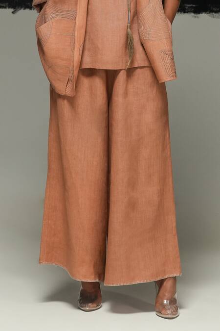 Urvashi Kaur_Orange Linen Aron Handwoven Pant _Online_at_Aza_Fashions