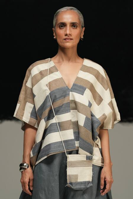 Urvashi Kaur_Brown Tussar, Silk V-neck Multicolor Hanwoven Top _Online_at_Aza_Fashions