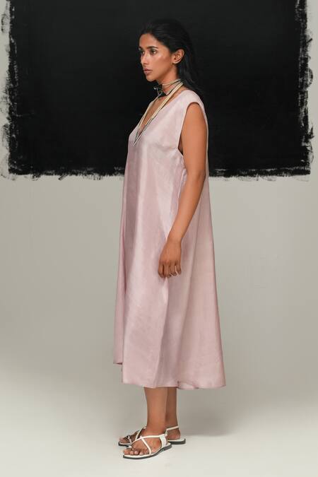 Urvashi Kaur_White Silk V-neck Hina Dress _Online_at_Aza_Fashions