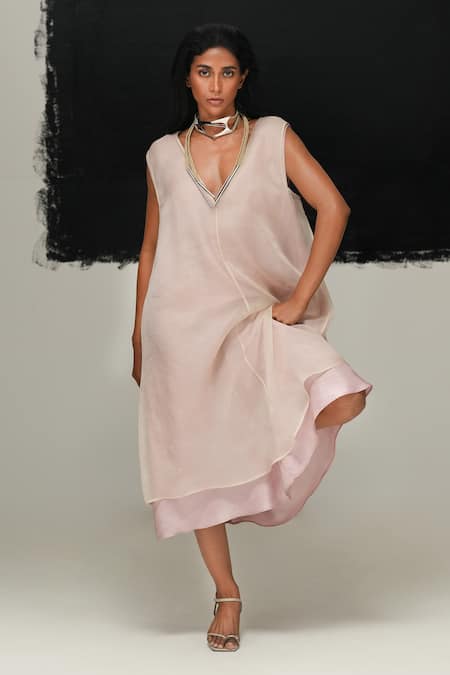 Shop_Urvashi Kaur_White Silk V-neck Hina Dress _Online_at_Aza_Fashions