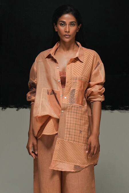 Shop_Urvashi Kaur_Orange Collared Rust Designer Arto Shirt _Online_at_Aza_Fashions