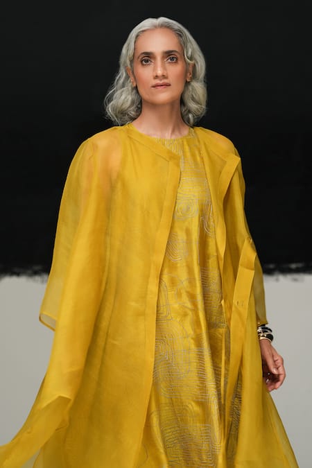 Urvashi Kaur Green Organza Open Neck Kaze Handwoven Overlay Online at Aza Fashions Urvashi Kaur_Green Organza Open Neck Kaze Handwoven Overlay _Online_at_Aza_Fashions