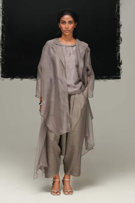 Urvashi Kaur Gray Organza Open Neck Steel Grey Handwoven Overlay 