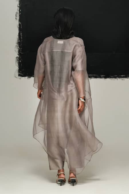Urvashi Kaur Steel Grey Handwoven Organza Overlay 