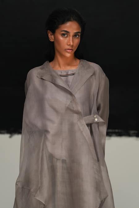 Buy Urvashi Kaur Gray Organza Open Neck Steel Grey Handwoven Overlay Online at Aza Fashions Buy_Urvashi Kaur_Gray Organza Open Neck Steel Grey Handwoven Overlay _Online_at_Aza_Fashions
