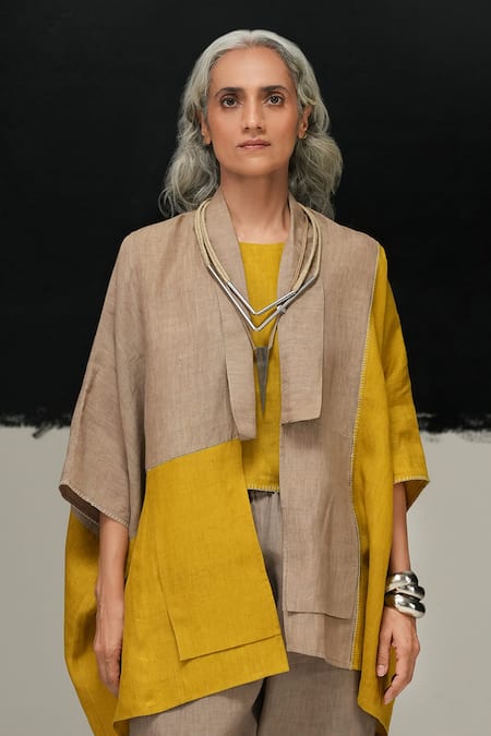 Urvashi Kaur Green Linen Open Neck Kumo Jacket In Warm Grey And Avocado Online at Aza Fashions Urvashi Kaur_Green Linen Open Neck Kumo Jacket In Warm Grey And Avocado _Online_at_Aza_Fashions