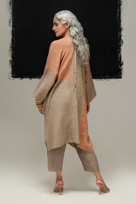 Urvashi Kaur Rust & Warm Grey Linen Dress 