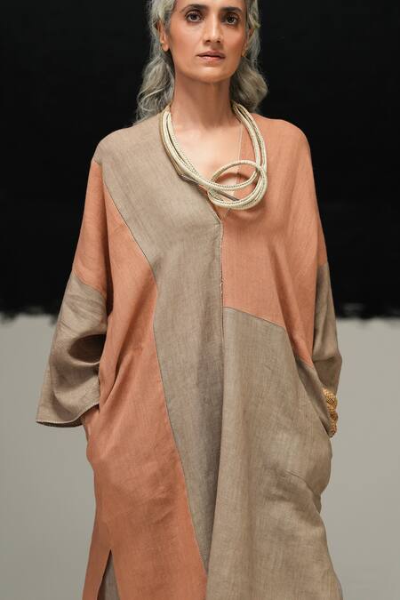 Urvashi Kaur Gray Linen Asymmetric Rust And Warm Grey Dress Online at Aza Fashions Urvashi Kaur_Gray Linen Asymmetric Rust And Warm Grey Dress _Online_at_Aza_Fashions