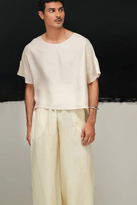 Urvashi Kaur Designer Pearl White Handwoven Silk T-shirt 