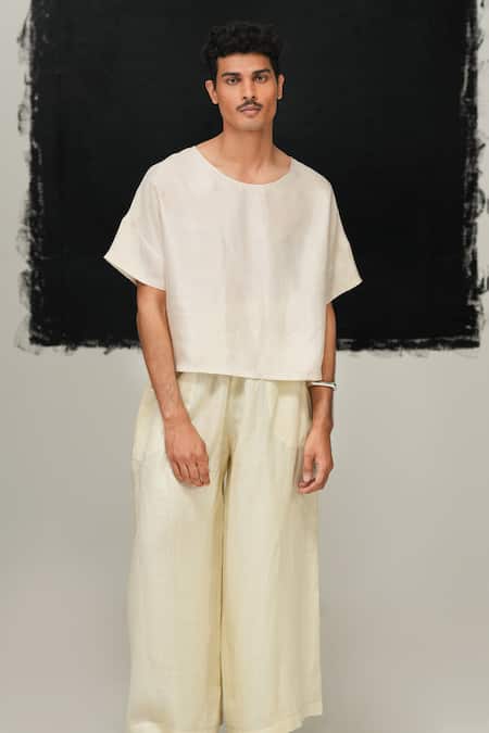 Urvashi Kaur White Silk Designer Pearl Handwoven T-shirt 