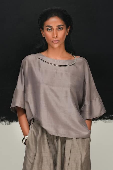 Urvashi Kaur_Gray Silk Round Neck Steel Grey Handwoven Top _Online_at_Aza_Fashions