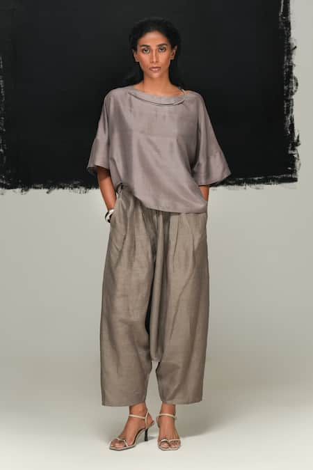 Urvashi Kaur Gray Silk Round Neck Steel Grey Handwoven Top 