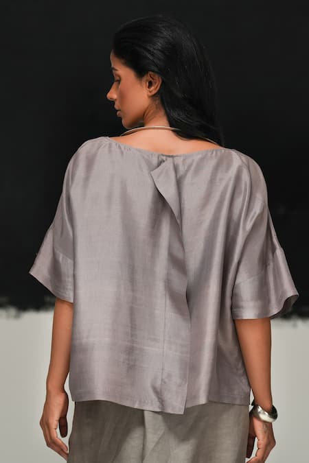 Urvashi Kaur Steel Grey Handwoven Silk Top 