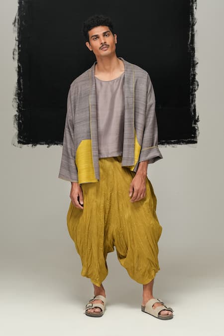 Urvashi Kaur Gray Silk Designer Handwoven Mulberry T-shirt Online at Aza Fashions Urvashi Kaur_Gray Silk Designer Handwoven Mulberry T-shirt _Online_at_Aza_Fashions