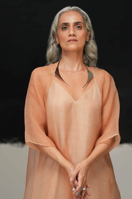 Urvashi Kaur Orange V-neck Rust Sheer Designer Asa Tunic Online at Aza Fashions Urvashi Kaur_Orange V-neck Rust Sheer Designer Asa Tunic _Online_at_Aza_Fashions