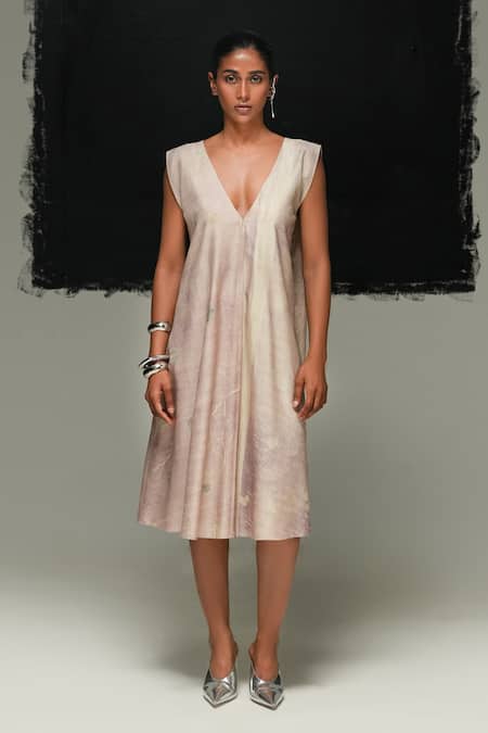 Urvashi Kaur Pink Tussar, Silk V-neck Hina Dress 