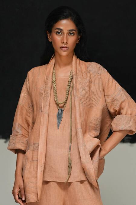 Urvashi Kaur_Orange Linen Embroidery Open Neck Designer Jyu Jacket _Online_at_Aza_Fashions