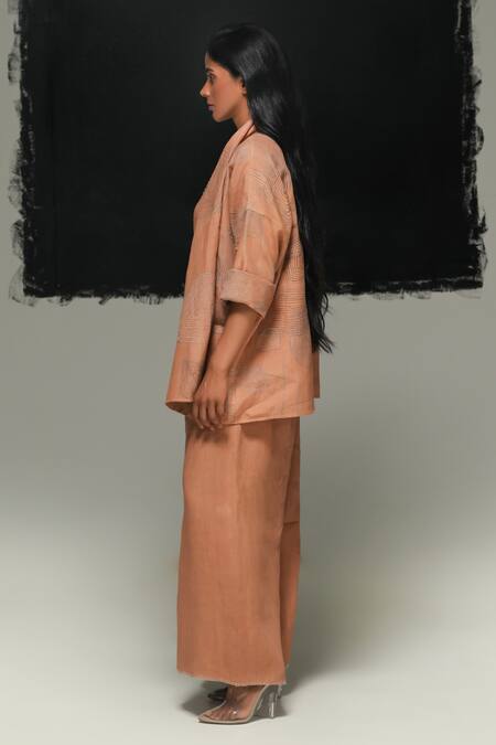 Buy_Urvashi Kaur_Orange Linen Embroidery Open Neck Designer Jyu Jacket _Online_at_Aza_Fashions