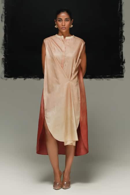 Shop_Urvashi Kaur_Peach Tussar, Silk Collared Sakura Ombre Dyed Dress _Online_at_Aza_Fashions